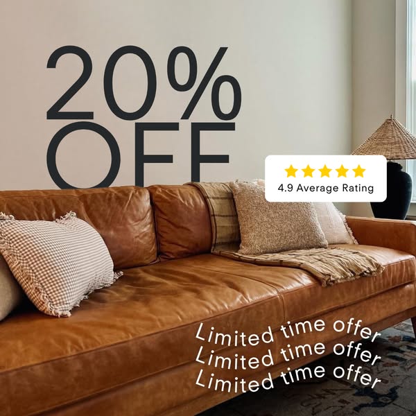 This image ad promotes a 20% off limited time offer on a leather couch, highlighting its high average rating.