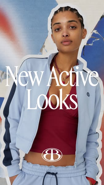This image ad showcases new activewear from an apparel brand. It features a model wearing a matching track suit and top,