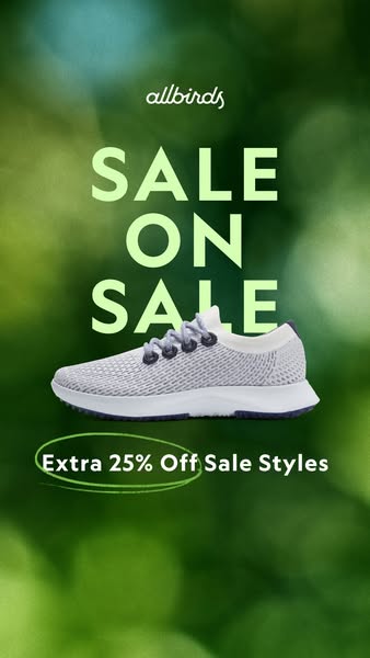 An image ad for Allbirds highlighting a sale, specifically offering an extra 25% off sale styles, set against a blurred 