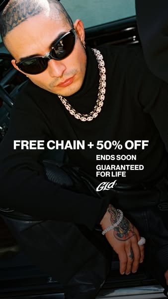 This ad promotes GLD's jewelry, specifically a chain, with a special offer of a free chain and a 50% discount. The a