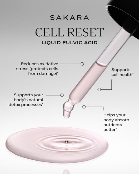 This ad promotes Sakara's Cell Reset Liquid Fulvic Acid supplement. It highlights multiple benefits of the product, 