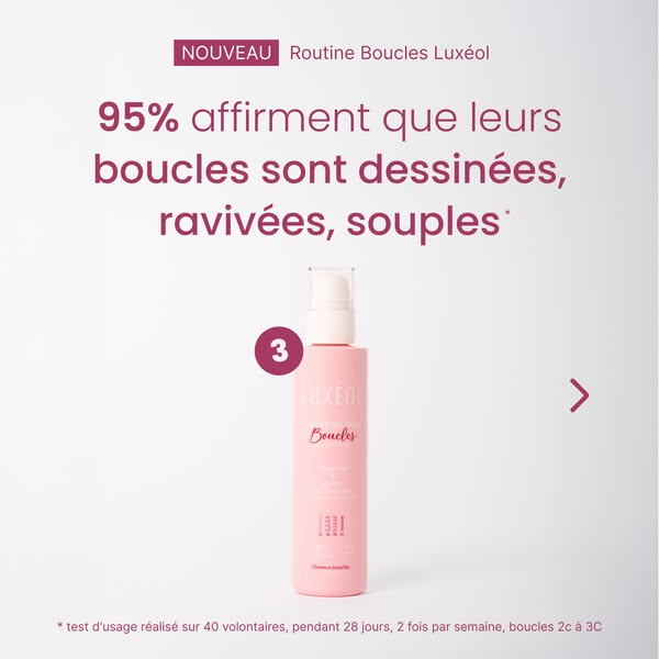 This image ad highlights the benefits of Luxéol's hair product, Boucles. It shows that 95% of users affirm that thei
