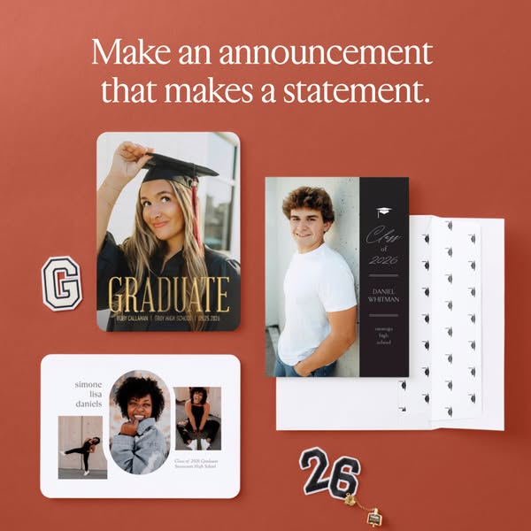 This ad showcases three unique graduation announcement cards for the class of 2026. The cards feature photos of graduate