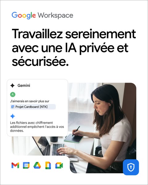 This ad promotes Google Workspace. It highlights how Google Workspace uses IA (artificial intelligence) to secure data.