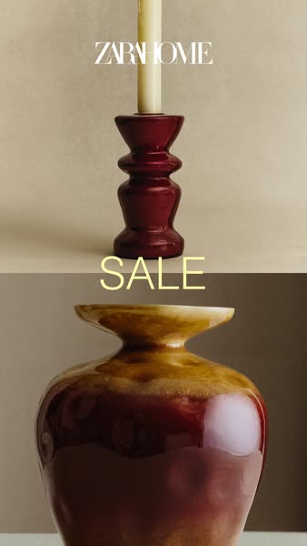 This Zara Home ad showcases a candle holder and a vase, highlighting a sale event.