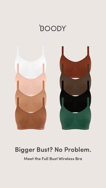 This image ad presents Boody's Full Bust Wireless Bra as a solution for individuals with a bigger bust. The ad showc