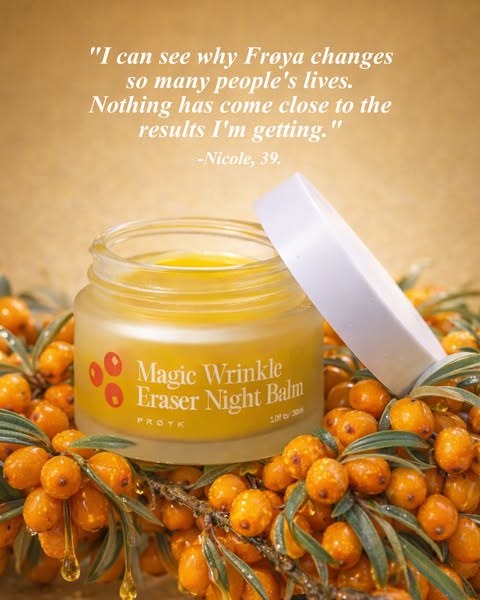 This image ad promotes Frøya's Magic Wrinkle Eraser Night Balm through a customer testimonial, showcasing the produc