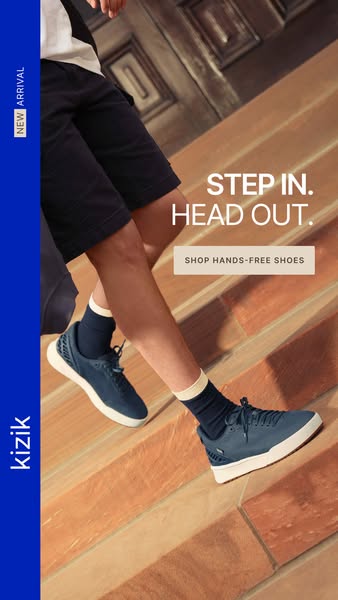 This ad for Kizik shoes features a person walking up wooden stairs wearing a pair of Kizik shoes. The ad highlights the 