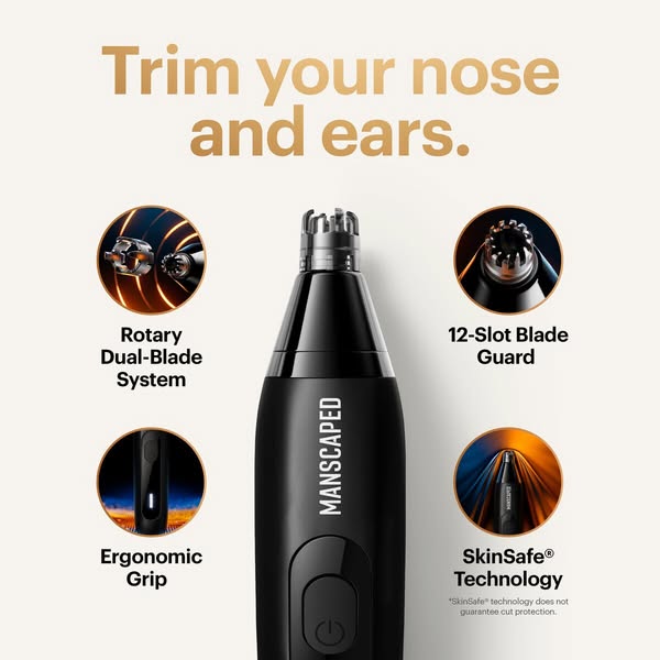 This image ad highlights the features of the Manscaped ear and nose hair trimmer. The ad shows a close up of the product