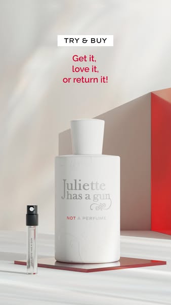 This image ad features the Juliette has a gun 'Not a Perfume' fragrance. It offers a 'Try & Buy' app