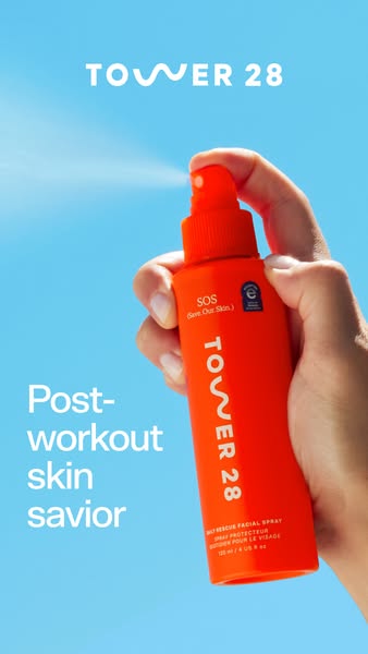 This ad for Tower28 features a person spraying the SOS Daily Rescue Facial Spray onto their face. The ad indicates the p