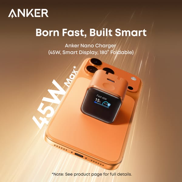 This image ad showcases Anker's Nano Charger, emphasizing its fast charging capability, smart display, and foldable 