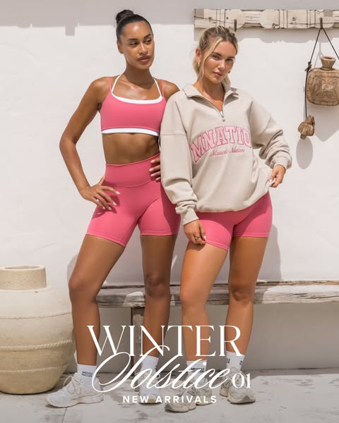 This ad showcases new arrivals from Muscle Nation clothing. Two models wear new athletic clothing in a lifestyle setting