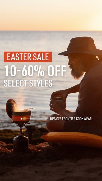 This image ad promotes an Easter sale of 10-60% off select styles of outdoor cookware and equipment. The ad shows a man 