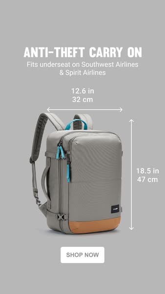 This ad showcases a gray anti-theft carry-on backpack with dimensions displayed. The ad emphasizes that the backpack fit