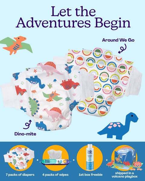 A vibrant ad showcasing Hello Bello diapers, wipes, and bubble bath, emphasizing the fun and adventure of parenthood wit