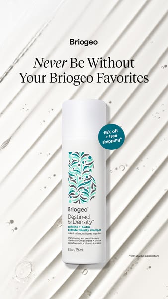This ad for Briogeo features their Destined for Density shampoo. The ad's focal point is a simple product shot, emph