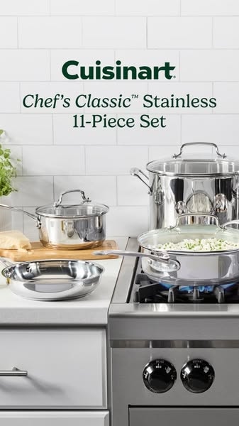 This ad features the Cuisinart Chef's Classic Stainless 11-Piece Set. The image showcases the set in a modern kitche