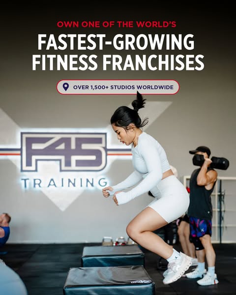 This image ad is for F45 Training, a fitness franchise. The ad features a woman jumping onto a box, with other people wo
