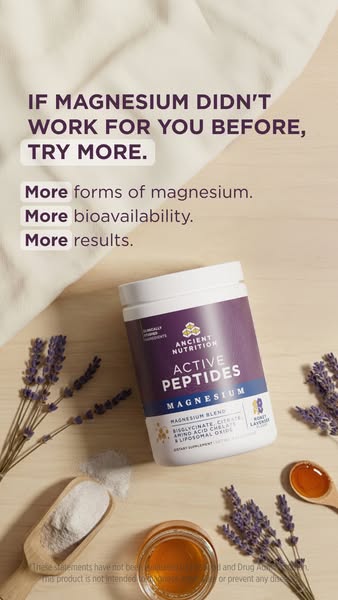 This image ad for Ancient Nutrition promotes their Active Peptides Magnesium supplement, targeting individuals who have 