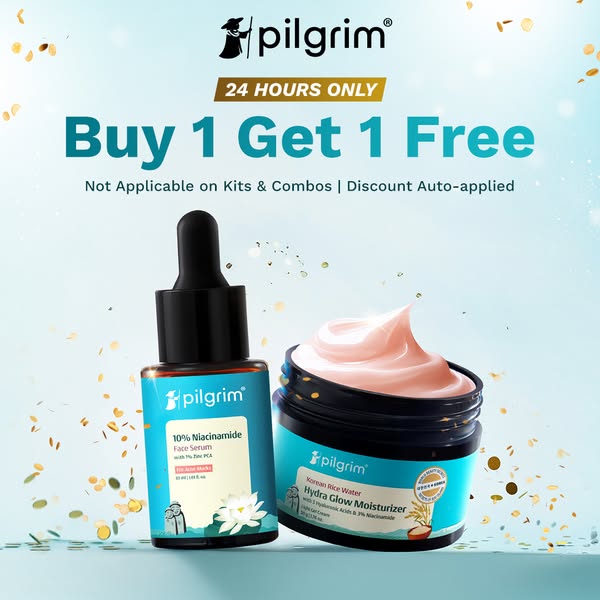 This ad promotes Pilgrim skincare products, offering a limited-time "Buy 1 Get 1 Free" deal on their 10% Niaci