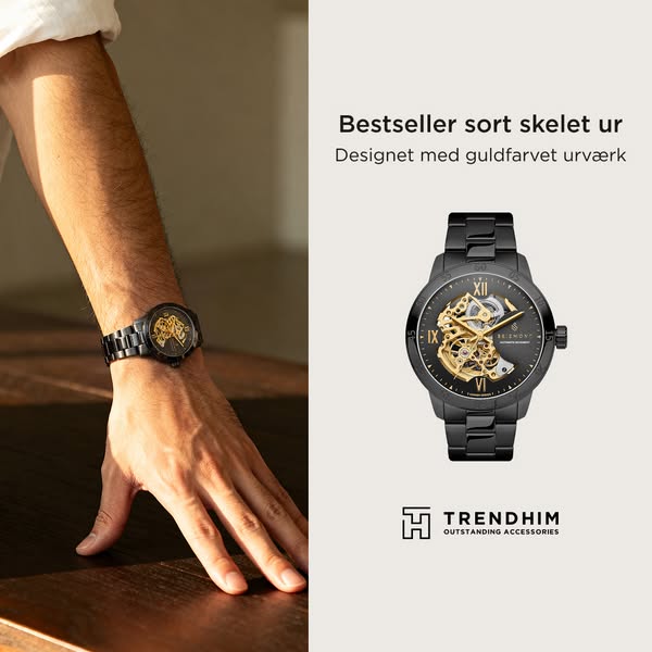 This image ad showcases the TRENDHIM brand watch. The image presents the product with a man wearing it on his wrist alon