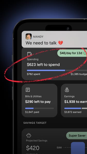 The ad features a screenshot of a mobile app dashboard with different spending statistics, to showcase its functionality