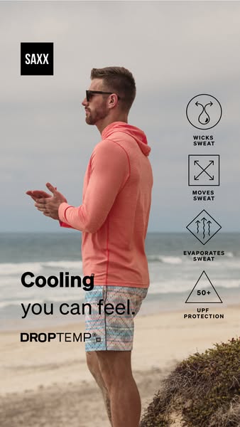 The image ad showcases SAXX apparel, highlighting its cooling properties and technical features for sweat management and