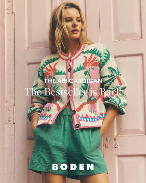 This ad showcases a stylish cardigan from Boden, highlighting its return as a bestseller. The ad focuses on the cardigan