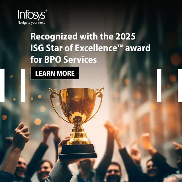 This image ad showcases Infosys' recognition with the 2025 ISG Star of Excellence™ award for BPO Services. The ad fe