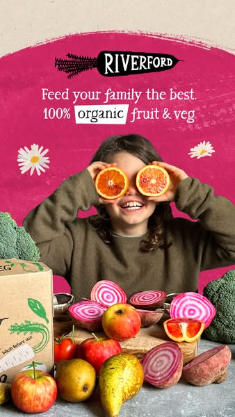 This image ad for Riverford promotes their 100% organic fruit and veg boxes with a vibrant, playful image featuring a ch