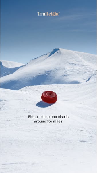 A TruHeight ad shows a single capsule in the snow with the text, "Sleep like no one else is around for miles."