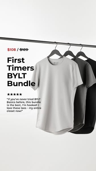 This ad promotes a bundle of BYLT Basics t-shirts for first-time customers, highlighting a discounted price and positive