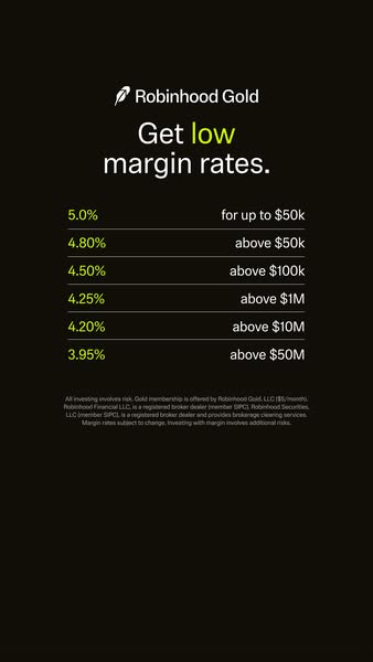 The ad promotes Robinhood Gold membership by highlighting the low margin rates offered at different investment levels.