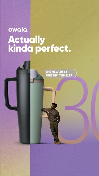 The ad showcases the new Owala 30 oz FreeSip tumbler, highlighting its design and size with the headline "Actually 