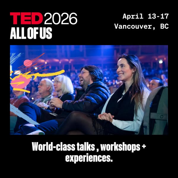 This image ad is for TED 2026. It features a picture of a TED talk with attendees with the words "TED 2026 ALL OF U