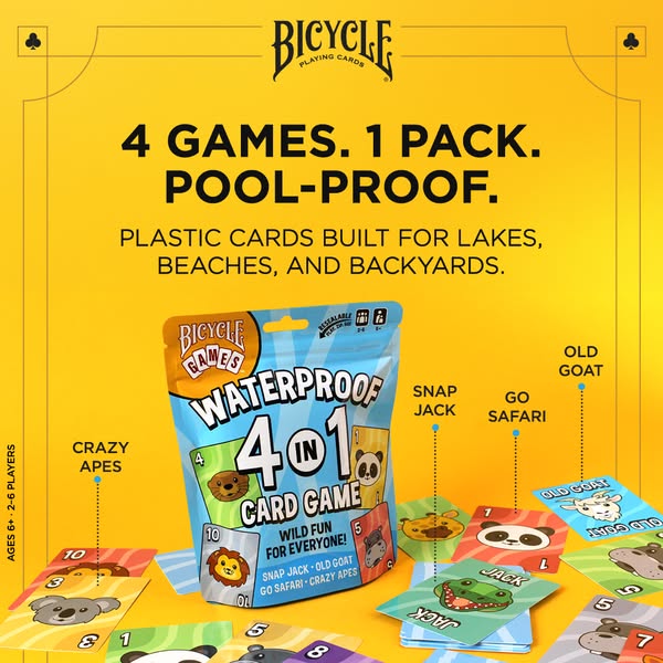 This ad is for Bicycle 4-in-1 Waterproof Card Games. It highlights that the card game comes with 4 games in 1 pack and t