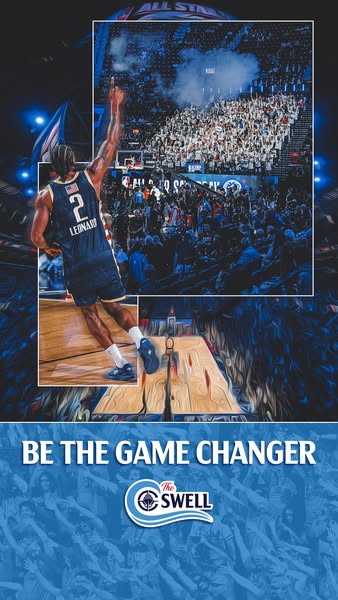 This ad features an image of basketball player Kawhi Leonard to promote The Swell brand. The image is layered with a pho
