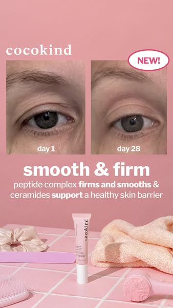 This ad showcases Cocokind's product and its ability to smooth and firm skin. The ad uses a before and after compari