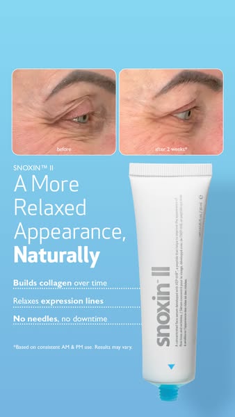This image ad promotes Snoxin II, a product that aims to provide a more relaxed appearance naturally. The ad features a 