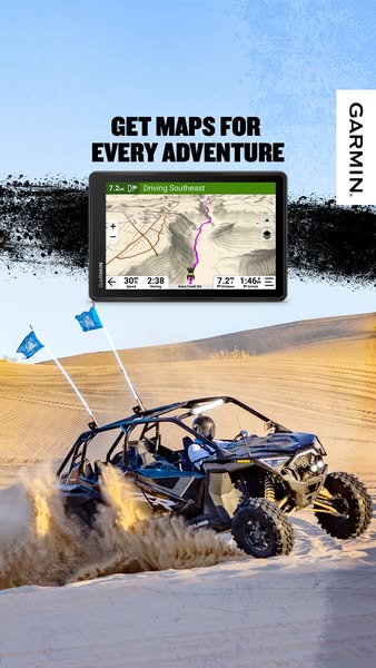 This image ad for Garmin promotes their GPS maps for off-road adventures. It features an off-road vehicle driving throug