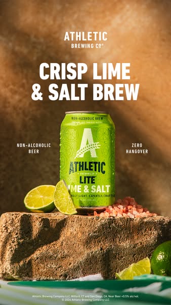 A still-life image ad for Athletic Brewing Company's non-alcoholic Crisp Lime & Salt Brew, highlighting its refr
