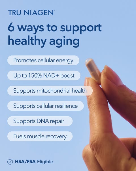 The ad for Tru Niagen promotes the supplement's benefits for healthy aging. It highlights six ways the supplement su
