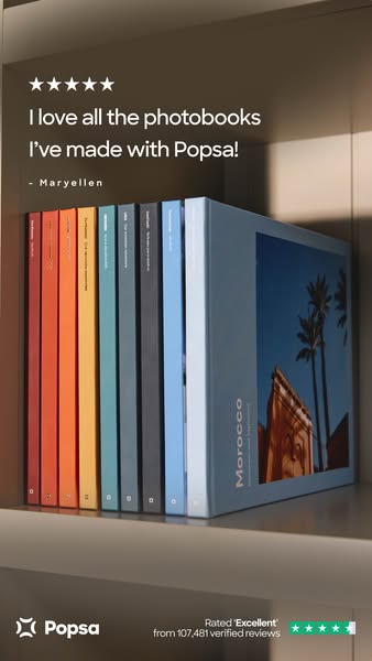 This ad features a testimonial from a customer who loves the photobooks they've made with Popsa. The ad shows a coll