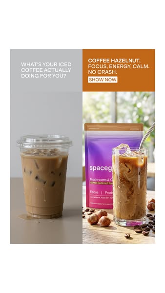 This ad compares the experience of a regular iced coffee drink to a Spacegoods mushroom and coffee hazelnut drink. The a