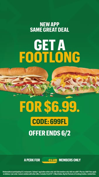 Image ad promoting a limited-time offer for a footlong sandwich at Subway.