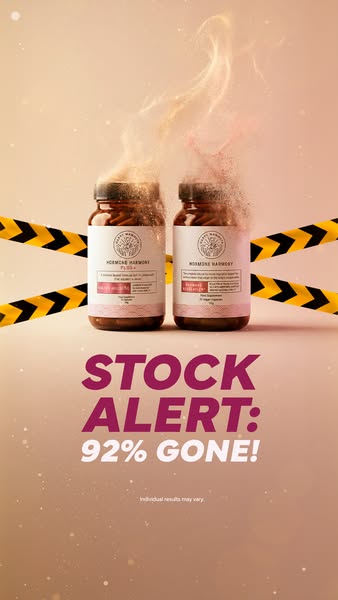 An ad for Happy Hormone showing 2 supplement bottles and alerting the viewer that stock is 92% gone