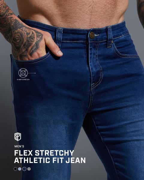 This image ad showcases the brand's Flex Stretchy Athletic Fit Jean. It focuses on the fit and material, particularl