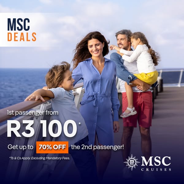 This image ad from MSC Cruises features a family on the deck of a cruise ship, promoting a deal where the first passenge