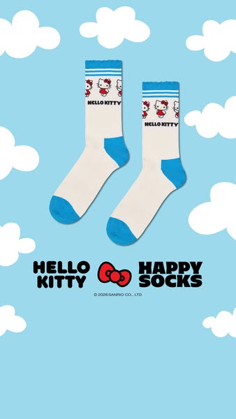 This ad features Hello Kitty-branded socks on a light blue background with white clouds.
